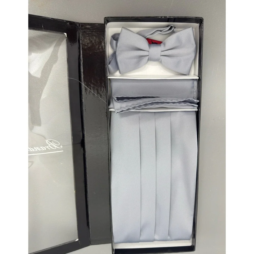 New In Box Brand Q Silver Gray Cummerbund‎ Bowtie Hankie Set Wedding Prom  #5